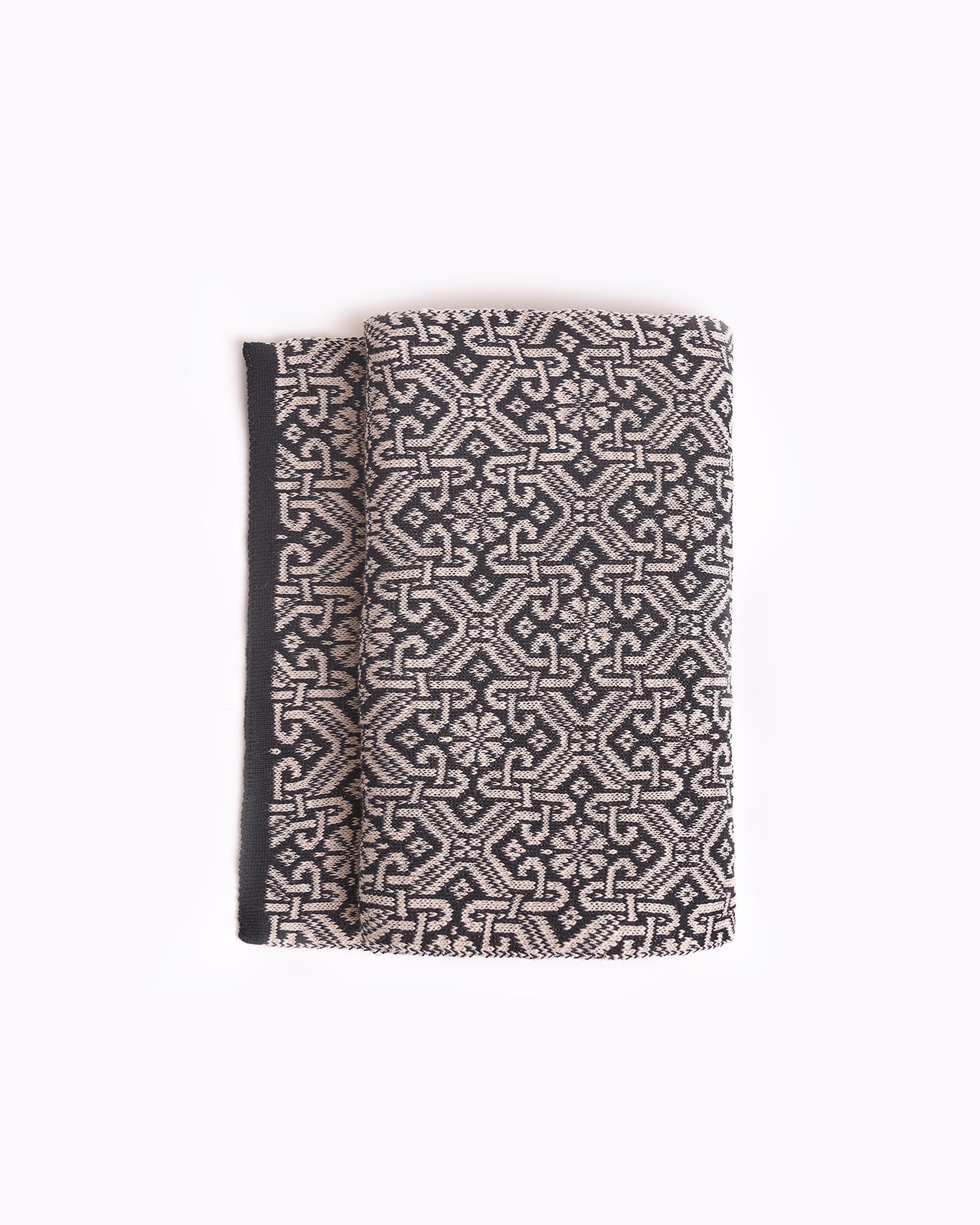 elegant beige scarf with a detailed brown geometric pattern and solid brown edges