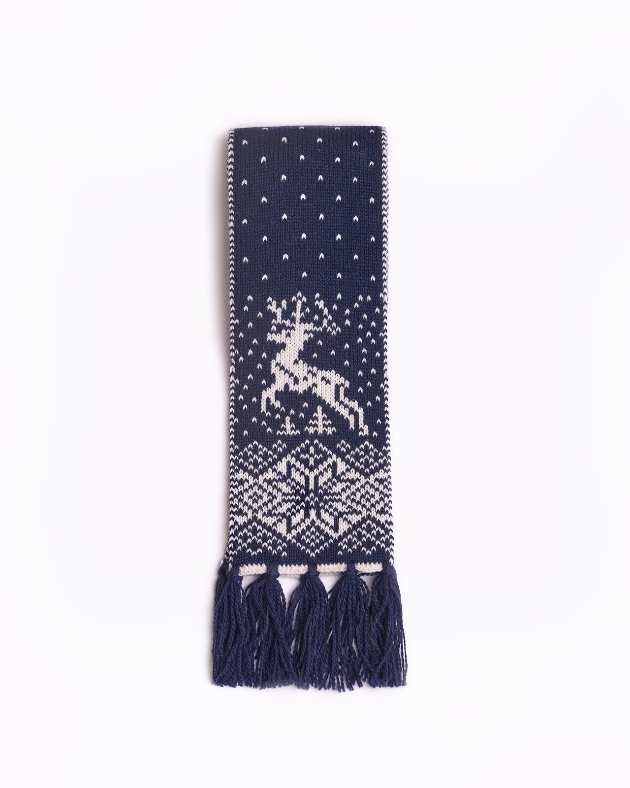 kids pure wool scarf with reindeers navy blue