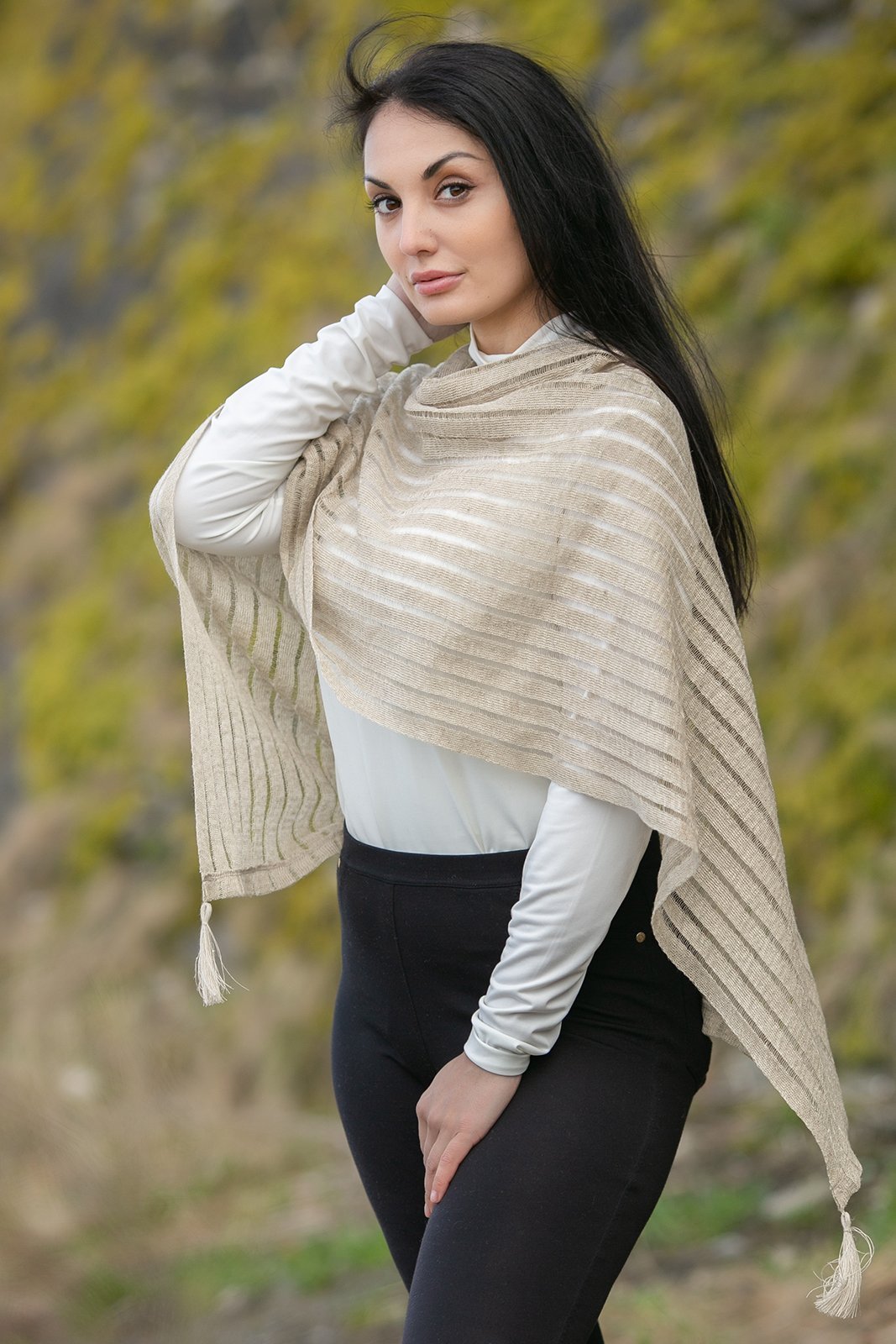 Valga striped linen poncho - Natural Style Estonia